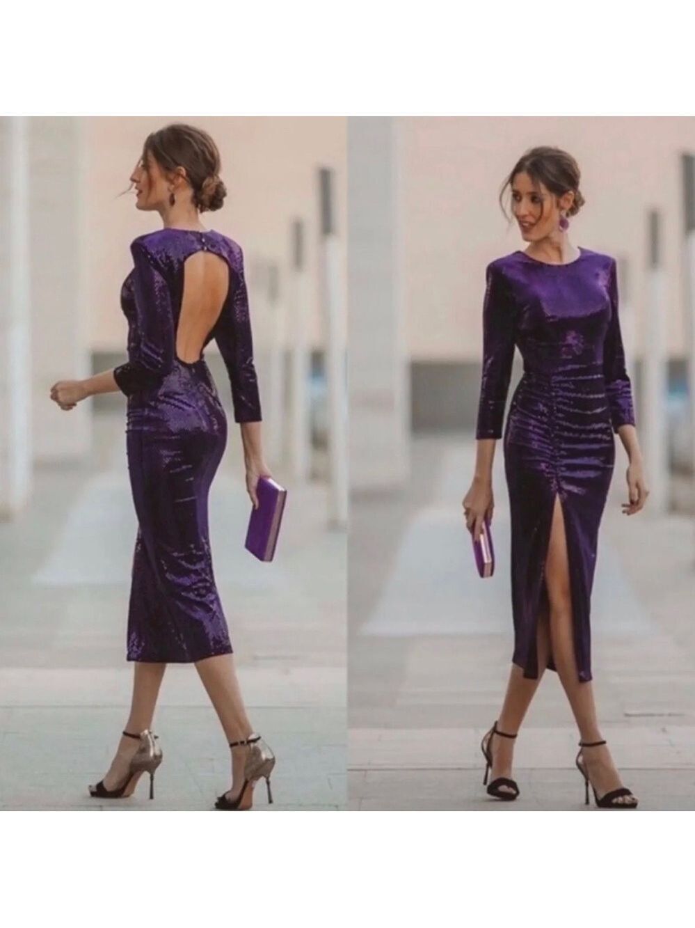 Zara Festive Days purple sparkly sequin velvet ruched longsleeve dress Sz XS NWT